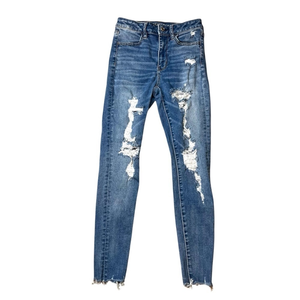 American Eagle Super High Rise Jeggings Distressed‎ Dark Wash Size 2 Stretch